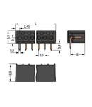 THT male header; 0.8 x 0.8 mm solder pin; angled; Pin spacing 3.5 mm; 2-pole; black