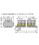 4-conductor terminal strip; 8-pole; on both sides with push-buttons; with fixing flanges; for screw or similar mounting types; Fixing hole 3.2 mm Ø; 2.5 mm²; CAGE CLAMP®; 2,50 mm²; gray