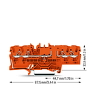 4-conductor through terminal block; 2.5 mm²; with test option; same profile as 4-conductor disconnect terminal block; side and center marking; for DIN-rail 35 x 15 and 35 x 7.5; Push-in CAGE CLAMP®; 2,50 mm²; orange