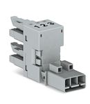 h-distribution connector; 3-pole; Cod. B; 1 input; 2 outputs; outputs on one side; 2 locking levers; gray