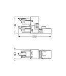 h-distribution connector; 3-pole; Cod. B; 1 input; 2 outputs; outputs on one side; 2 locking levers; gray