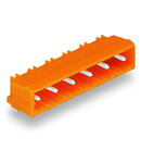 THT male header; 1.2 x 1.2 mm solder pin; angled; Pin spacing 7.62 mm; 5-pole; orange