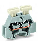Space-saving, 2-conductor end terminal block; on both sides with push-button; without protruding snap-in mounting foot; for terminal strips with snap-in mounting feet; 2.5 mm²; CAGE CLAMP®; 2,50 mm²; gray