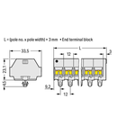 4-conductor terminal strip; suitable for Ex e II applications; 5-pole; without push-buttons; with snap-in mounting feet; for plate thickness 0.6 - 1.2 mm; Fixing hole 3.5 mm Ø; 4 mm²; CAGE CLAMP®; 4,00 mm²; light gray