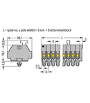 2-conductor terminal strip; 2-pole; on one side with push-buttons; with snap-in mounting feet; for plate thickness 0.6 - 1.2 mm; Fixing hole 3.5 mm Ø; 2.5 mm²; CAGE CLAMP®; 2,50 mm²; gray