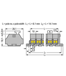 4-conductor terminal strip; 12-pole; on one side with push-buttons; with fixing flanges; for screw or similar mounting types; Fixing hole 3.2 mm Ø; 2.5 mm²; CAGE CLAMP®; 2,50 mm²; gray