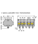 4-conductor terminal strip; 12-pole; on both sides with push-buttons; with snap-in mounting feet; for plate thickness 0.6 - 1.2 mm; Fixing hole 3.5 mm Ø; 2.5 mm²; CAGE CLAMP®; 2,50 mm²; gray