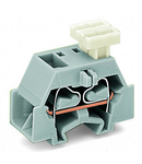 Space-saving, 4-conductor end terminal block; on one side with push-button; without protruding snap-in mounting foot; for terminal strips with snap-in mounting feet; 2.5 mm²; CAGE CLAMP®; 2,50 mm²; light gray