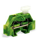 Space-saving, 2-conductor end terminal block; on one side with push-button; without protruding snap-in mounting foot; for terminal strips with snap-in mounting feet; 2.5 mm²; CAGE CLAMP®; 2,50 mm²; green-yellow