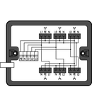 Distribution box; Three-phase to single-phase current (400 V/230 V); supply cable entry; 1 input; 6 outputs; Cod. A; MIDI; black