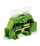 Space-saving, 2-conductor end terminal block; on both sides with push-button; without protruding snap-in mounting foot; for terminal strips with snap-in mounting feet; 2.5 mm²; CAGE CLAMP®; 2,50 mm²; green-yellow