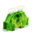 Space-saving, 2-conductor end terminal block; on both sides with push-button; without protruding snap-in mounting foot; for terminal strips with snap-in mounting feet; 2.5 mm²; CAGE CLAMP®; 2,50 mm²; green-yellow