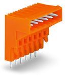 THT male header for double-deck assembly; 1.0 x 1.0 mm solder pin; angled; Pin spacing 5.08 mm; 4-pole; orange