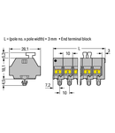 4-conductor terminal strip; 2-pole; on one side with push-buttons; with snap-in mounting feet; for plate thickness 0.6 - 1.2 mm; Fixing hole 3.5 mm Ø; 2.5 mm²; CAGE CLAMP®; 2,50 mm²; gray