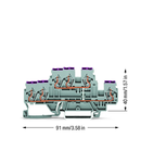 3-conductor, double-deck terminal block; 6-conductor through terminal block; L; internal commoning; conductor entry with violet marking; for DIN-rail 35 x 15 and 35 x 7.5; 2.5 mm²; CAGE CLAMP®; 2,50 mm²; gray