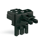 T-distribution connector; 3-pole; Cod. A; 1 input; 2 outputs; 3 locking levers; for flying leads; black