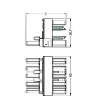 h-distribution connector; 5-pole; Cod. I; 1 input; 2 outputs; outputs on both sides; 2 locking levers; blue