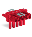 T-distribution connector; 5-pole; Cod. P; 1 input; 2 outputs; outputs on both sides; 2 locking levers; red