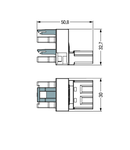 h-distribution connector; 3-pole; Cod. A; 1 input; 2 outputs; outputs on one side; 2 locking levers; black