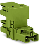 h-distribution connector; 2-pole; Cod. B; 1 input; 2 outputs; outputs on one side; 2 locking levers; light green