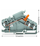 3-conductor through terminal block; 6 mm²; with touch-proof test socket; e.g., current transformer circuits; center marking; for DIN-rail 35 x 15 and 35 x 7.5; CAGE CLAMP®; 6,00 mm²; gray