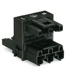 h-distribution connector; 3-pole; Cod. A; 1 input; 2 outputs; outputs on both sides; 3 locking levers; for flying leads; black