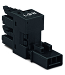 h-distribution connector; 3-pole; Cod. A; 1 input; 2 outputs; outputs on one side; 2 locking levers; black