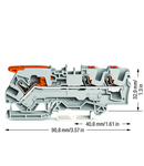 3-conductor through terminal block; with lever and push-button; 6 mm²; with test port; side and center marking; for DIN-rail 35 x 15 and 35 x 7.5; Push-in CAGE CLAMP®; 6,00 mm²; gray