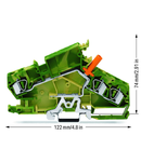 3-conductor disconnect terminal block; e.g., voltage transformer circuits; with touch-proof test socket; for 4 mm Ø test plugs; for DIN-rail 35 x 15 and 35 x 7.5; 6 mm²; CAGE CLAMP®; 6,00 mm²; green-yellow