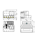 Three-phase to single-phase distribution connector; with phase selection; 5-pole/3-pole; Cod. A; 1 input; 2 outputs; with cable connection on the input side; black