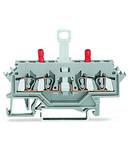 4-conductor disconnect/test terminal block; without pivoting knife disconnect; with touch-proof test sockets; Test socket, red; for DIN-rail 35 x 15 and 35 x 7.5; 2.5 mm²; CAGE CLAMP®; 2,50 mm²; gray