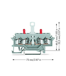 4-conductor disconnect/test terminal block; without pivoting knife disconnect; with touch-proof test sockets; Test socket, red; for DIN-rail 35 x 15 and 35 x 7.5; 2.5 mm²; CAGE CLAMP®; 2,50 mm²; gray