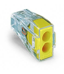 PUSH WIRE® connector for junction boxes; for solid and stranded conductors; max. 2.5 mm²; 2-conductor; transparent housing; yellow cover; Surrounding air temperature: max 60°C; 2,50 mm²