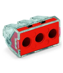 PUSH WIRE® connector for junction boxes; for solid and stranded conductors; max. 6 mm²; 3-conductor; transparent housing; red cover; Surrounding air temperature: max 60°C; 6,00 mm²