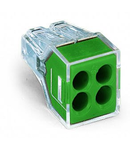PUSH WIRE® connector for junction boxes; for solid and stranded conductors; max. 2.5 mm²; 4-conductor; transparent housing; green cover; Surrounding air temperature: max 60°C; 2,50 mm²