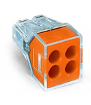 PUSH WIRE® connector for junction boxes; for solid and stranded conductors; max. 2.5 mm²; 4-conductor; transparent housing; orange cover; Surrounding air temperature: max 60°C; 2,50 mm²