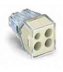 PUSH WIRE® connector for junction boxes; for solid and stranded conductors; max. 2.5 mm²; 4-conductor; transparent housing; light gray cover; Surrounding air temperature: max 60°C; 2,50 mm²