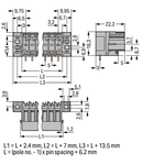 THT male header; 1.0 x 1.0 mm solder pin; angled; clamping collar; Pin spacing 5 mm; 3-pole; gray