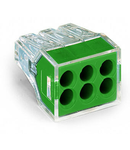 PUSH WIRE® connector for junction boxes; for solid and stranded conductors; max. 2.5 mm²; 6-conductor; transparent housing; green cover; Surrounding air temperature: max 60°C; 2,50 mm²