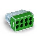 PUSH WIRE® connector for junction boxes; for solid and stranded conductors; max. 2.5 mm²; 8-conductor; transparent housing; green cover; Surrounding air temperature: max 60°C; 2,50 mm²