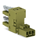 h-distribution connector; 3-pole; Cod. B; 1 input; 2 outputs; outputs on one side; 2 locking levers; light green