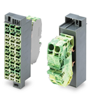 Common potential matrix patchboard; Marking 1-24; with 2 input modules incl. end plate; Color of modules: green-yellow; Numbering of modules arranged vertically; for 19" racks; Slimline version; 2,50 mm²; dark gray