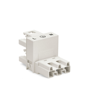 h-distribution connector; 3-pole; Cod. A; 1 input; 2 outputs; outputs on one side; 2 locking levers; white