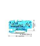 2-conductor through terminal block; 2.5 mm²; with test option; same profile as 2-conductor disconnect terminal block; side and center marking; for DIN-rail 35 x 15 and 35 x 7.5; Push-in CAGE CLAMP®; 2,50 mm²; blue