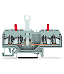 4-conductor disconnect/test terminal block; without pivoting knife disconnect; with touch-proof test sockets; Test socket, red; for DIN-rail 35 x 15 and 35 x 7.5; 2.5 mm²; CAGE CLAMP®; 2,50 mm²; gray