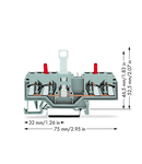 4-conductor disconnect/test terminal block; without pivoting knife disconnect; with touch-proof test sockets; Test socket, red; for DIN-rail 35 x 15 and 35 x 7.5; 2.5 mm²; CAGE CLAMP®; 2,50 mm²; gray