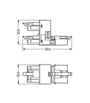 h-distribution connector; 5-pole; Cod. A; 1 input; 2 outputs; outputs on one side; 3 locking levers; for flying leads; black