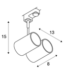 Iluminat decorativ pe sina, BIMA Melodii GU10, pata alba pentru 240V track 3 faze, cu doua capete, QPAR51, rotund, alb mat, max. 100W, inclusiv. adaptor 3 faze,