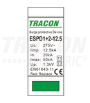 Descărcător de supratensiune T1+T2,AC,elem. mod. înlocuibil
Uc:275V; Iimp:12,5kA; In:20kA; Imax:50kA; Up:1,3kV; 1P