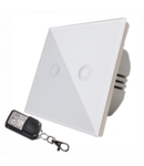 Intrerupator touch dublu + telecomanda RF, sticla securizata, alb